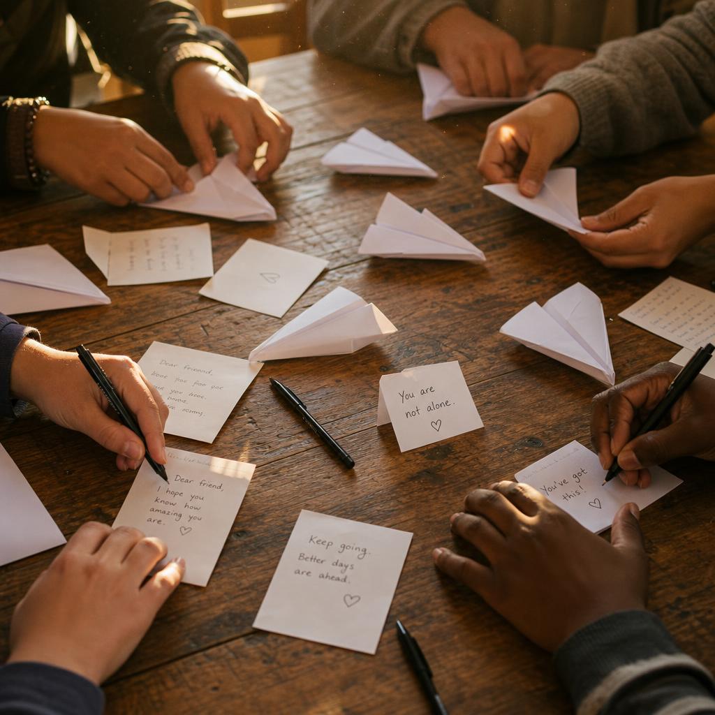 Diverse hands writing messages and folding paper airplanes around a warm wooden table