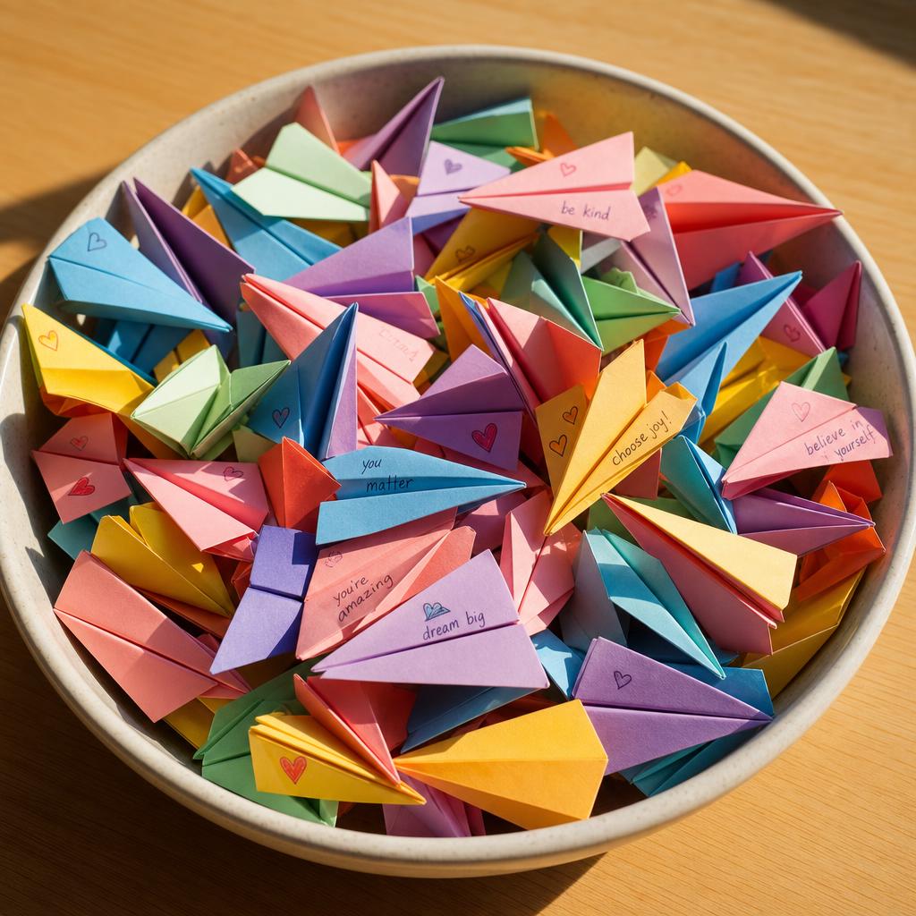 Bowl filled with colourful mini paper airplanes for Fall Fest