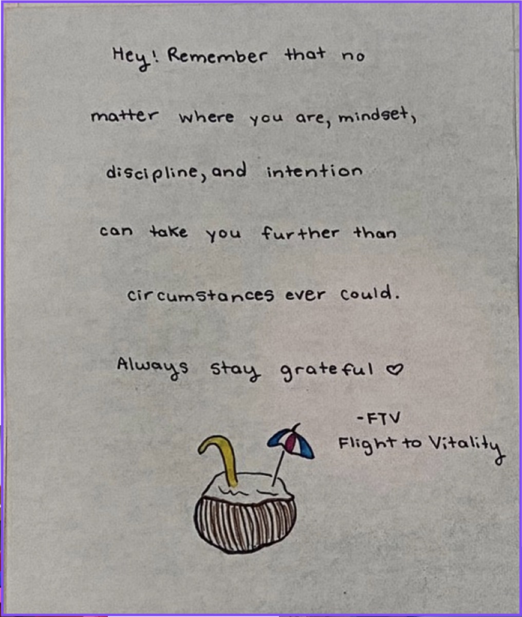 Example of a paper airplane message: 'Hey! Remember that no matter where you are, mindset, discipline, and intention can take you further than circumstances ever could. Always stay grateful ♡ -FTV Flight to Vitality'