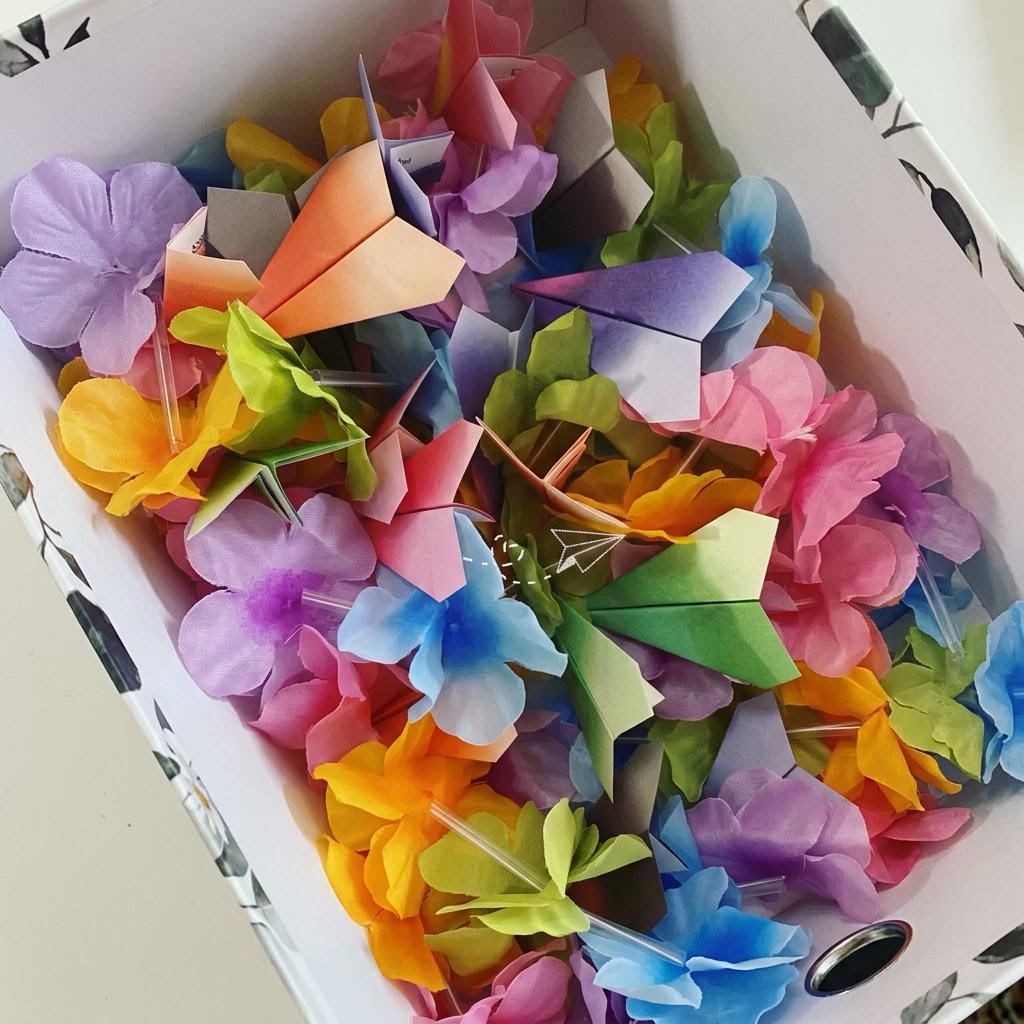 Summer package with rainbow paper airplanes and silk flowers