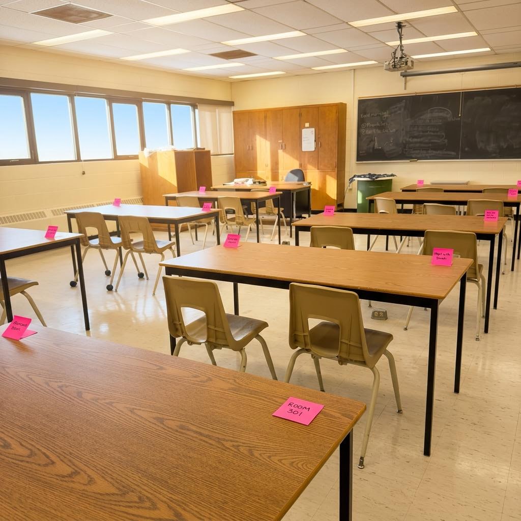 Classroom with a pink sticky note on every student desk