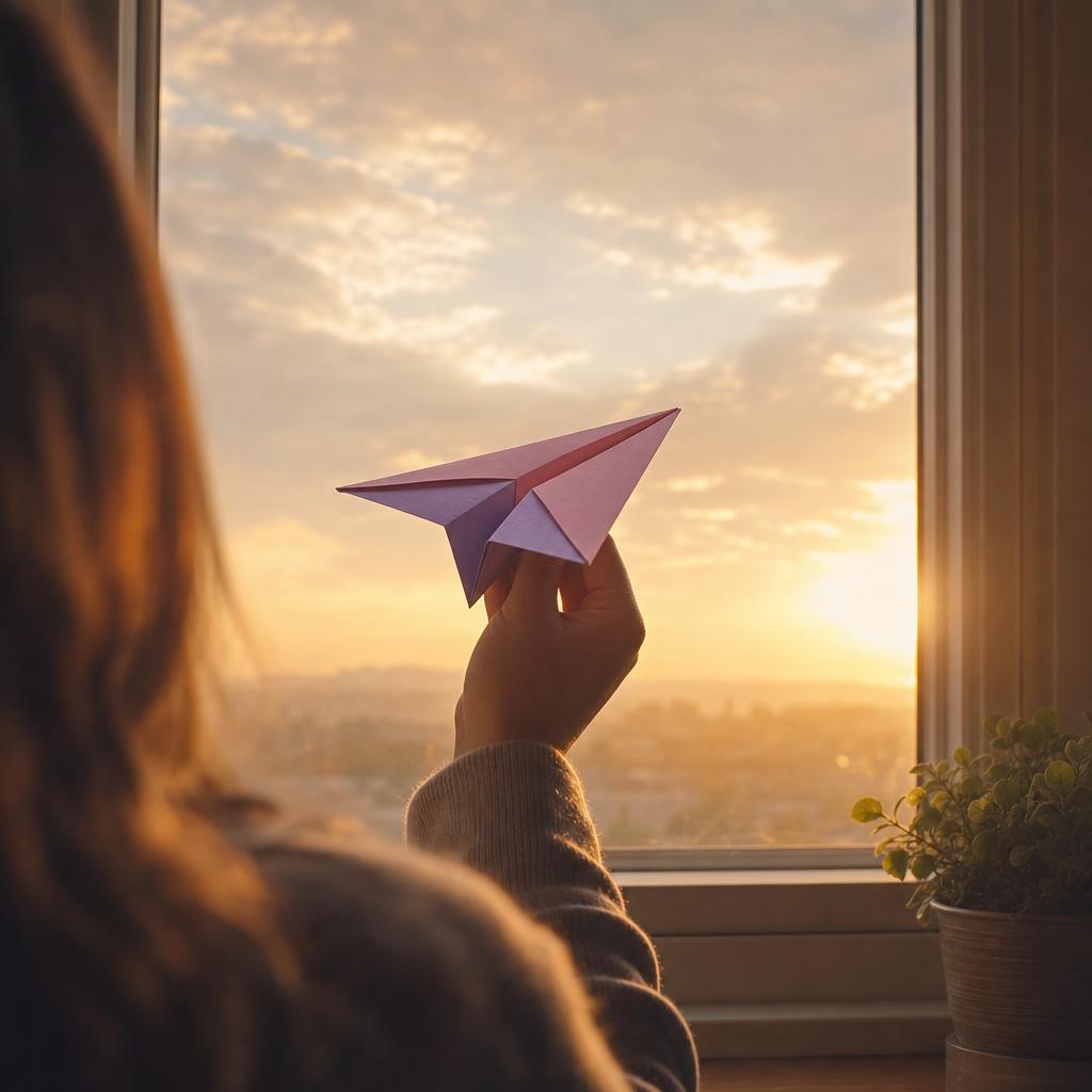 A volunteer holding a paper airplane at sunrise, about to send a message of hope